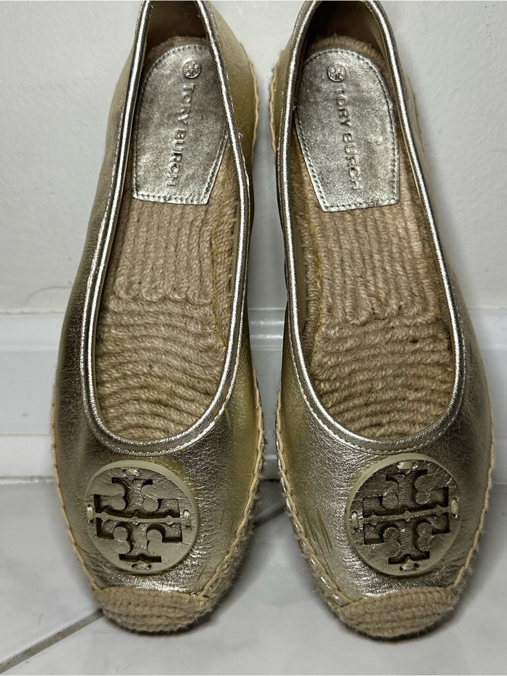 Tory Burch Metallic Gold Espadrille Flats with Logo Medallion 7